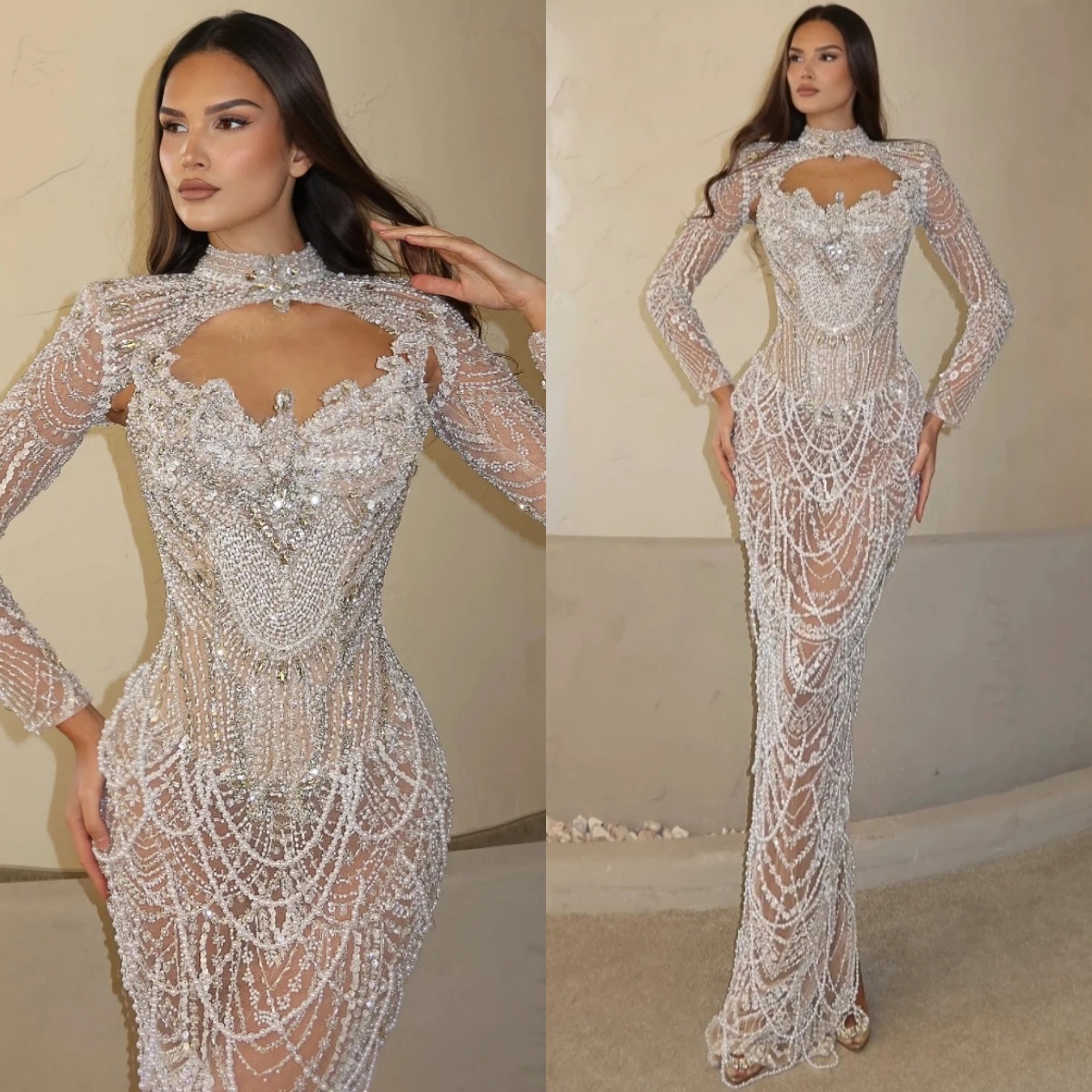 Gorgeous Wedding Dresses Beading Crystal Bridal Gowns Cape Sleeves Pearls Strapless Appliques Illusion Mermaid Customized Vestidos De Novia Plus Size