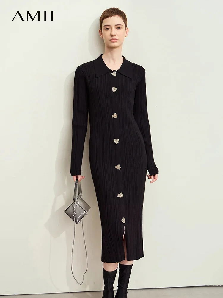 Amii Minimalism Elegant Party Dresses Woman Autumn Retro Lapel Metal Buckle Slim Strip Knitted Dress Female12443090 250728