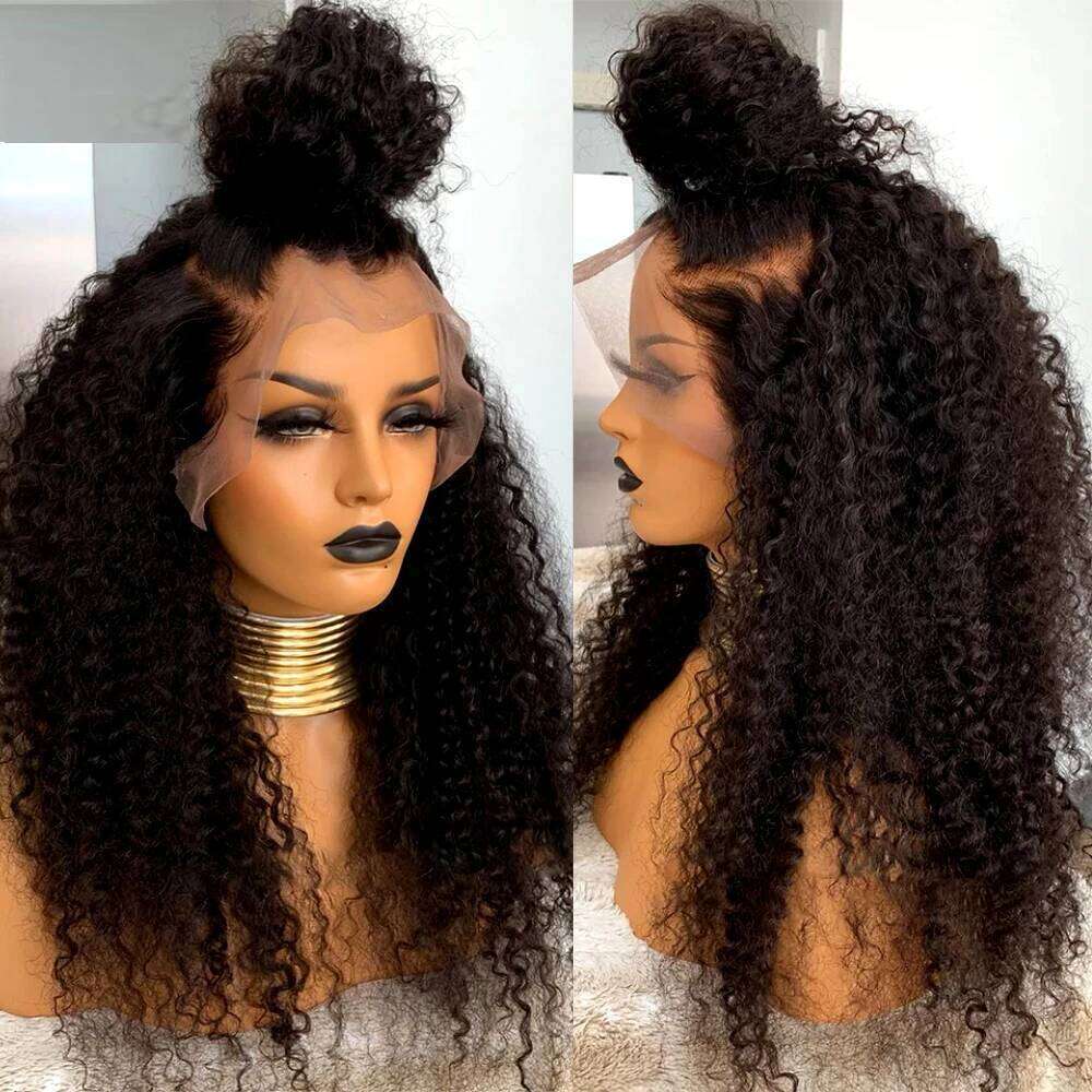 Natural Black 180Density Soft Long 26'' Kinky Curly Lace Front Wig For Women Human Hair Babyhair Preplucked Heat Resistant Glueless Daily