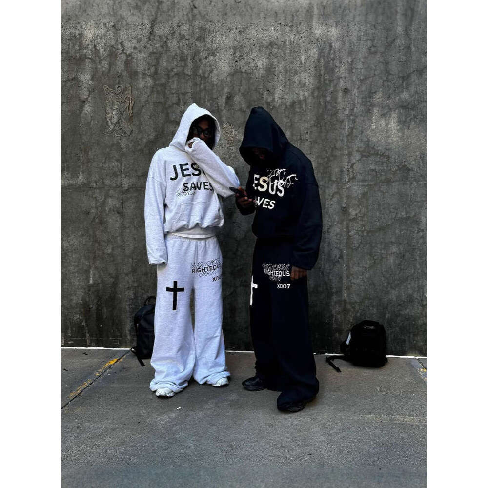 International Station Letter Print Hoodie Set Unisex Loose Fit Hooded Sweatshirt