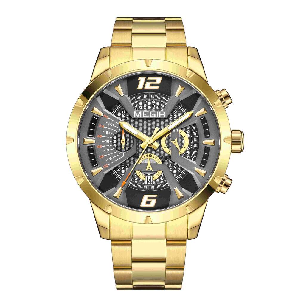 DHgargets MEGIR 2221G Men's Skeleton Chronograph Watch - 47mm Stainless Steel, Waterproof, Luminous, Date, Business Quartz Watch