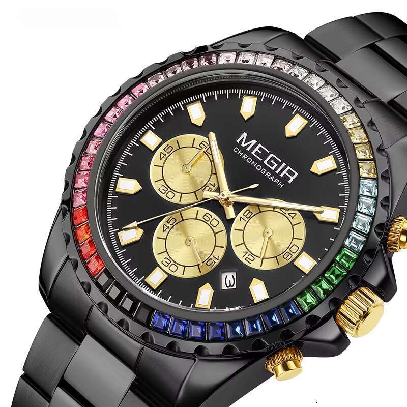 DHwatches MEGIR 2227G Men's Diamond Rainbow Bezel Watch - Waterproof, Luminous, Date, Stainless Steel, 46mm Fashion Quartz Watch