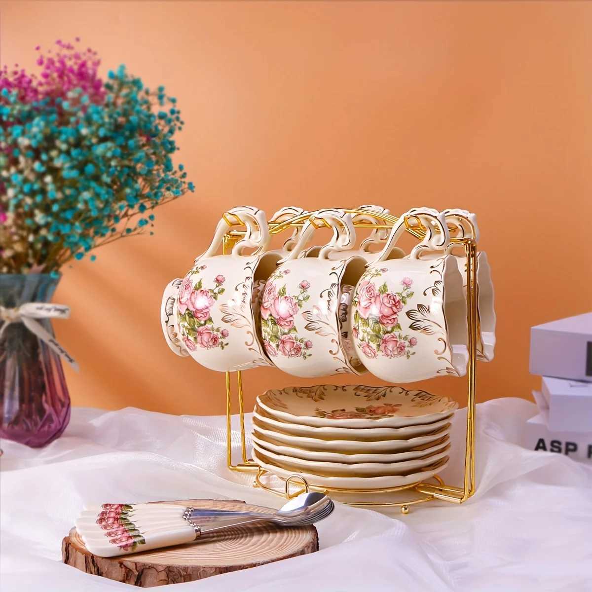 19-Piece European Tea Set - 6 Cups/Saucers/Spoons with Stand Vintage Porcelain for Afternoon Tea Holiday Gifts X250728