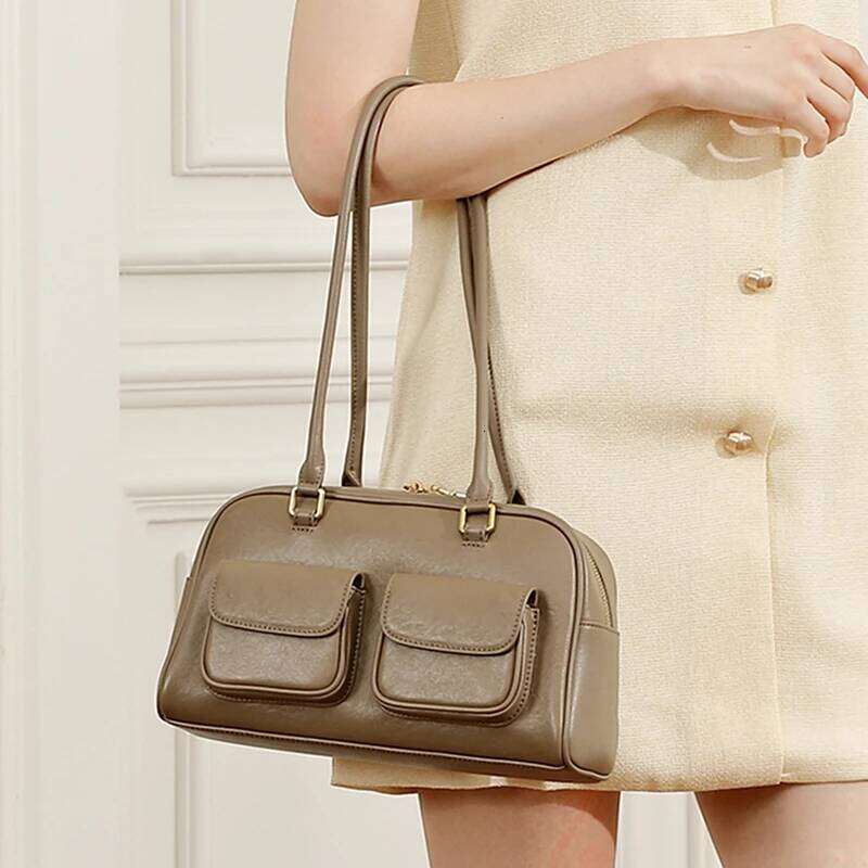 Burminsa Cowhide Genuine Leather Underarm Shoulder Bags For Women 2025 Designer Korean Bowling Tote Work Ladies Handbags