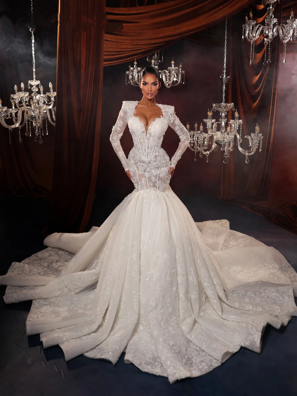 Modern Lace Pearls Wedding Dresses Appliques Bridal Gowns See Through Long Sleeves See Through Mermaid Customized Vestidos De Novia Plus Size