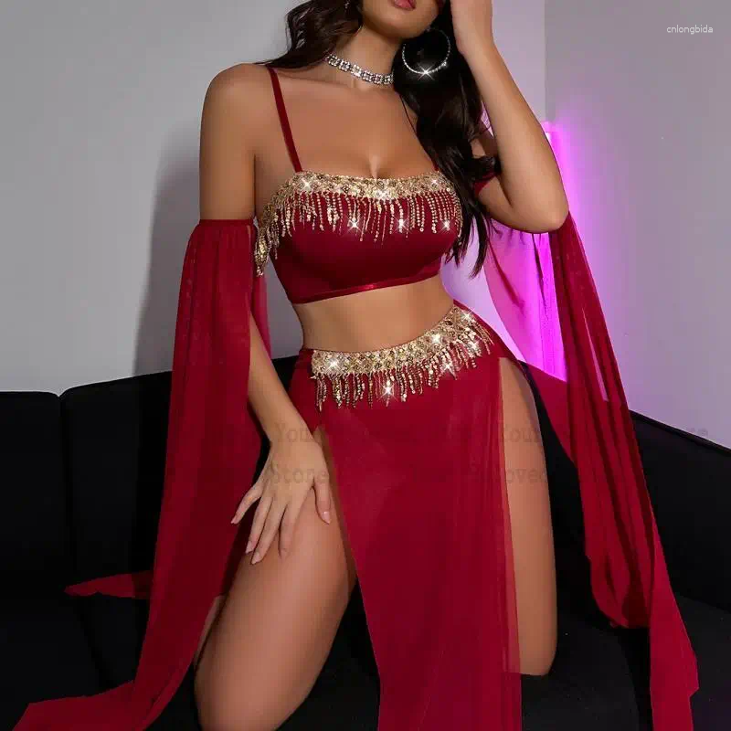 Stage Wear Sexy Pole Dance Sparkly Sequins Tassel Mesh Bra Lady Belly Performance Costume Lace Lingerie Suit
