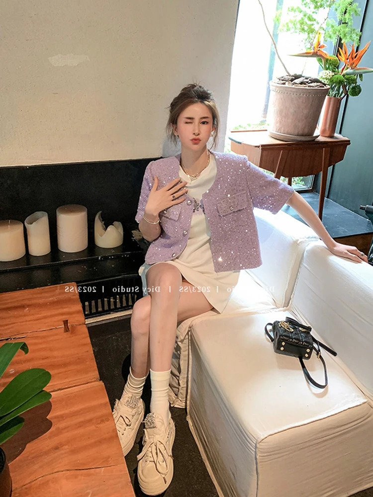 Womens Elegant Shiny Sequined Short Sleeve Tweed Jacket Lady Summer Streetwear O Neck Single Breasted Pockets Loose Outerwear 250728