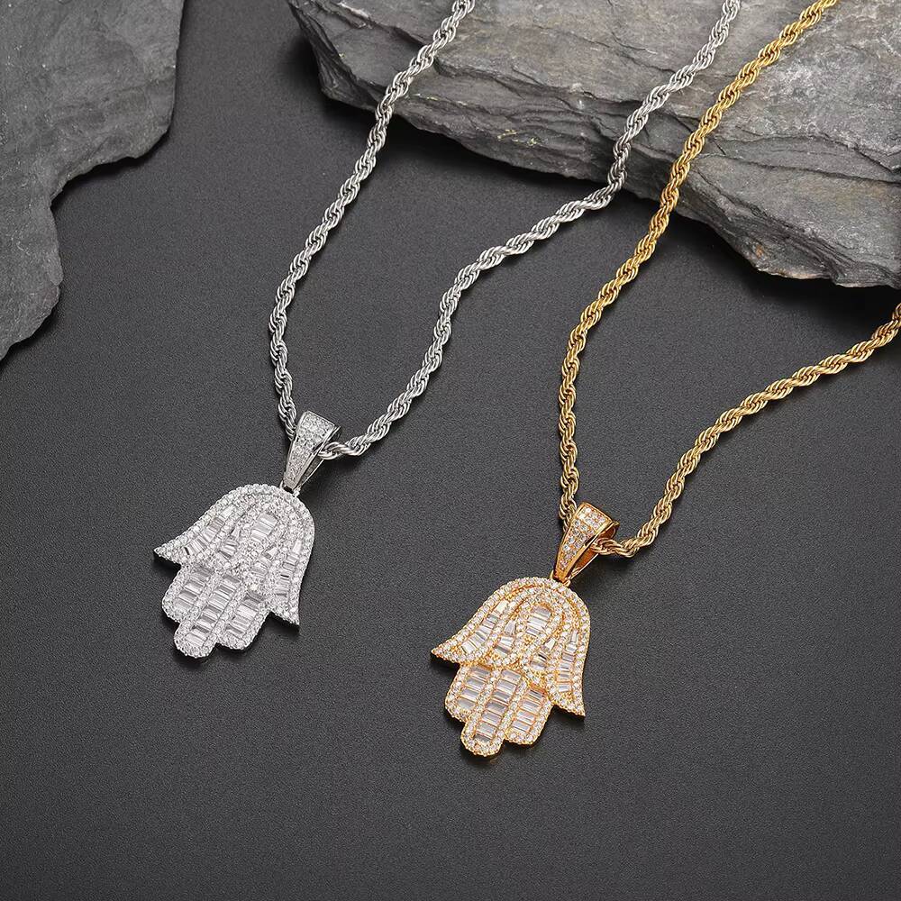 Baguette CZ Diamond Gold Plated Hamsa Fatima Hand Pendant Necklace Hiphop Jewelry Iced Out Zircon Stainless Steel Twist Chain