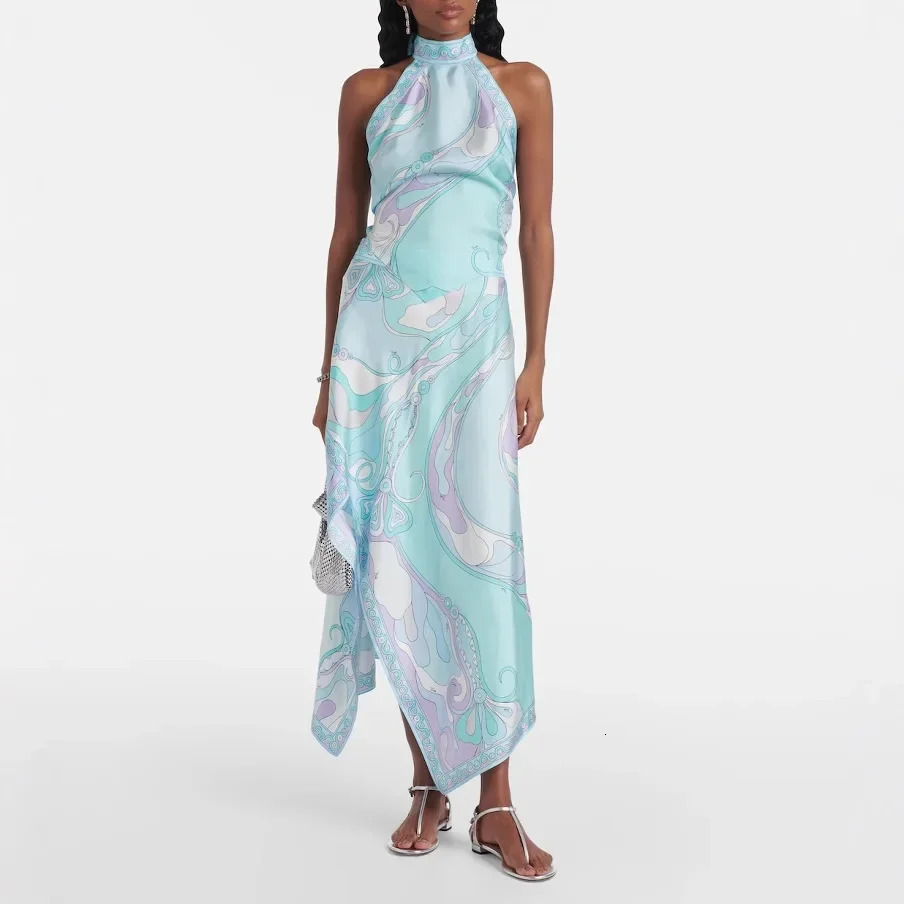 Printed Satin Halter Backless Top and Asymmetrical Mini Skirt TwoPiece Set for Women Elegant Fashionable Ensemble 250728