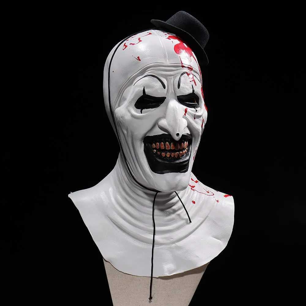 Horror Terrifier Art The Clown Mask Cosplay Creepy Bloody Demon Evil Joker Hat Latex Helmet Halloween Party Costume Props XJ250728