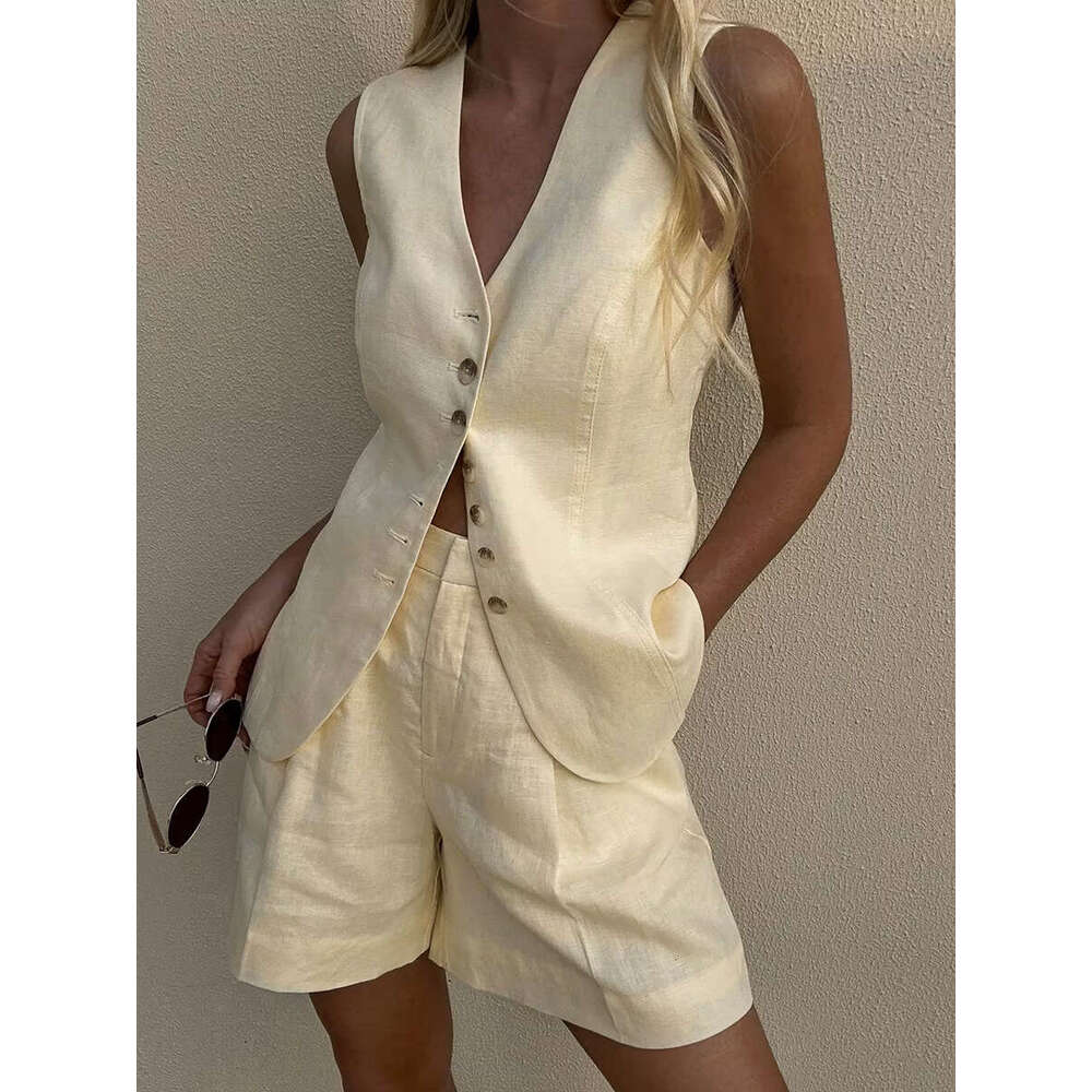 2025 Summer New Commuter Cotton Linen and Cross-Border Vest + Shorts Casual Set for Women