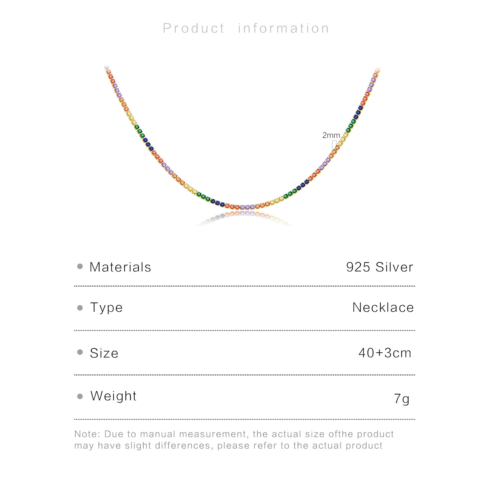 ANDYWEN 925 Sterling Silver Gold Rainbow Zircon CZ 2mm Tennis Chain Choker Necklace Women Party Colorful Birthday Gift 250722