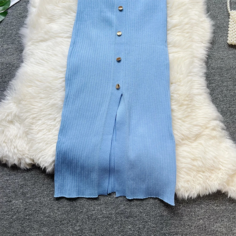 Summer Women Knitted Long Dress Elegant Embroidery Slim Elastic Bodycon Sweater Office Lady Dresses 250728