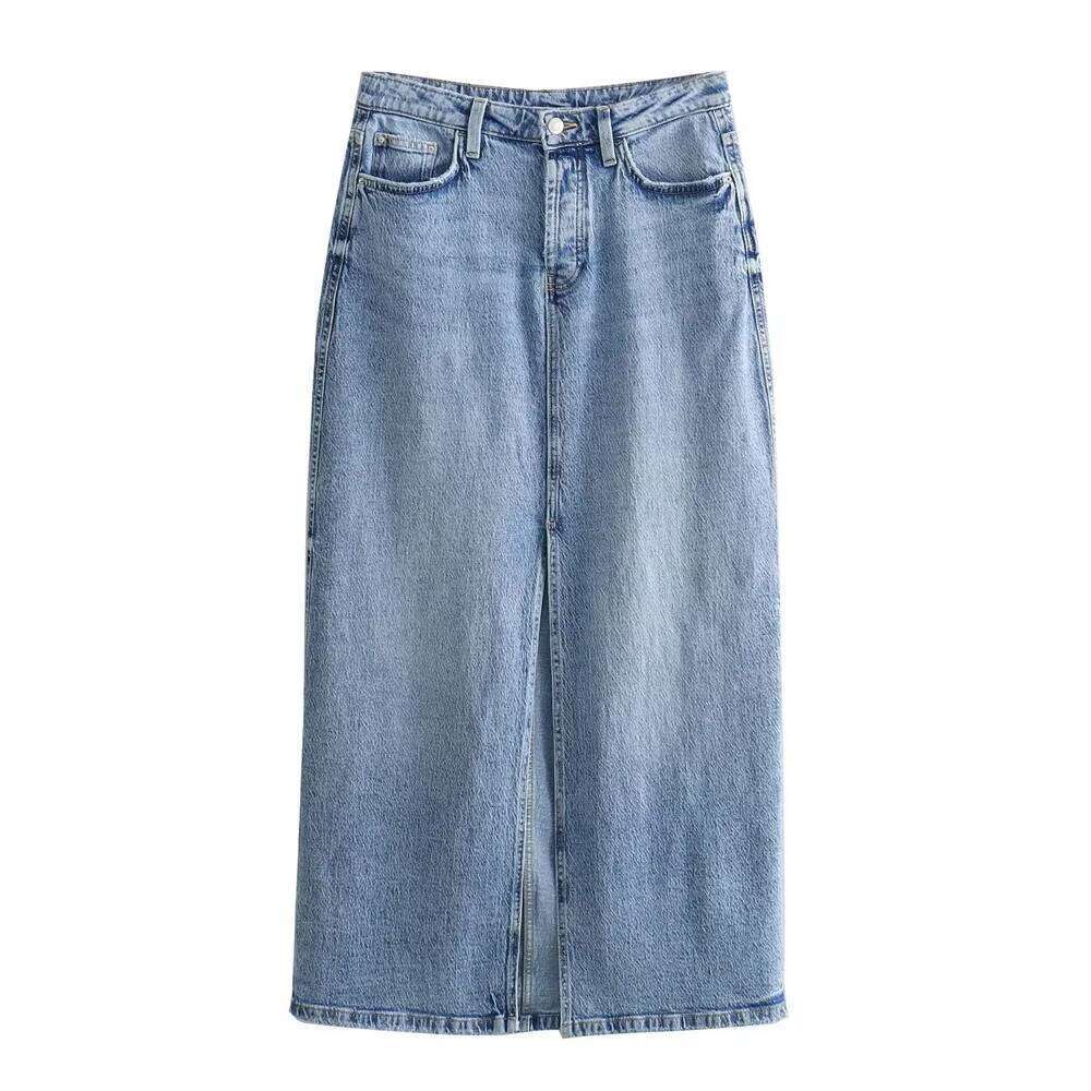 Zach Ailsa Spring New Product Women's Fashion Style High Waist Midi Wrap Hip Slim Fit Blue Split Denim Skirt