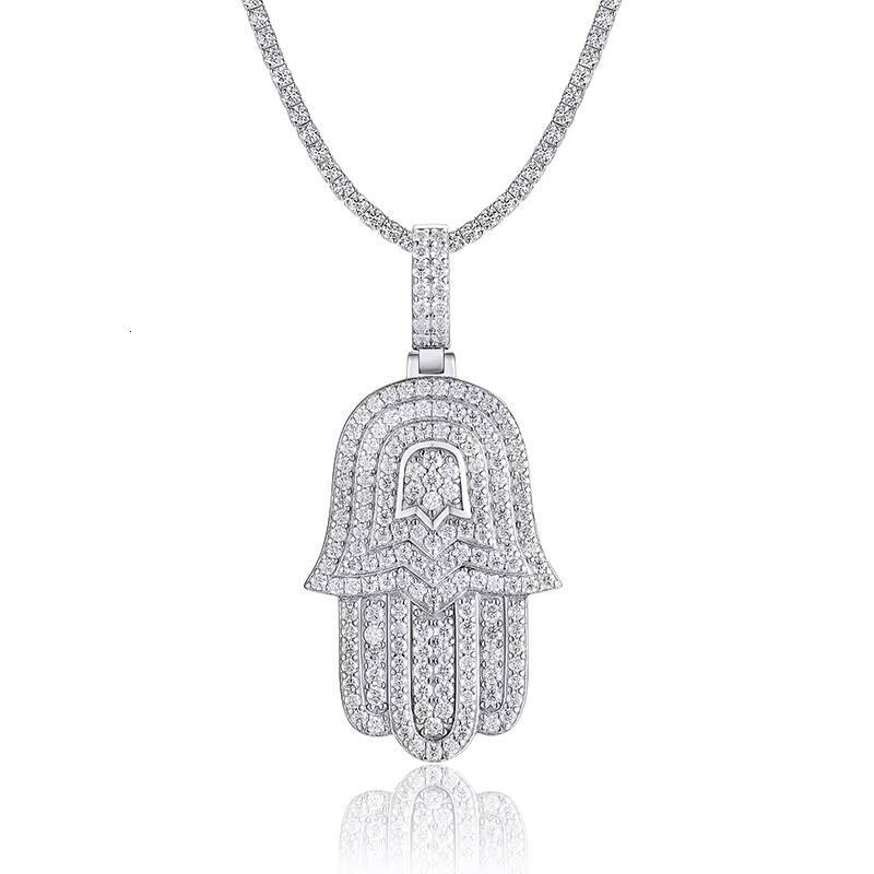 Iced Out Pendant Necklace Hamsa Hand Design in 18K Gold Plated S925 Silver with Moissanite for Hip Hop Rappers Bling Jewelry