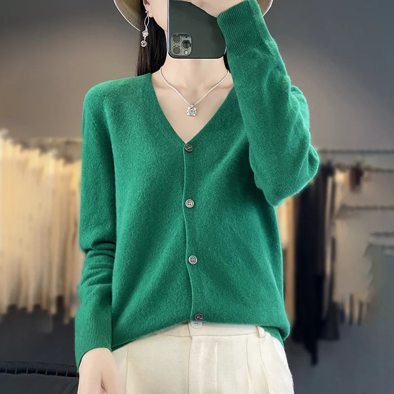 100% Merino Wool Sweater Autumn Winter Women Oneck Solid Knitted Cardigan Casual Cashmere Knitwear Long Sleeve Soft Tops 250728