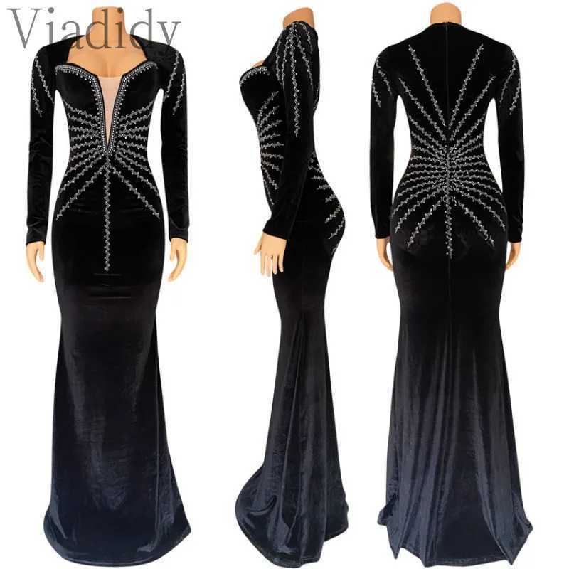 Women Sexy Velvet Mesh Rhinestone V-Neck Floor-Length Evening Party Dress Long Sleeve Back Zipper Mermaid Dresses Z250728
