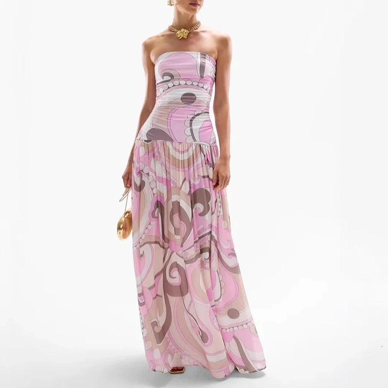 Sexy Strapless High Waisted Pleated Dress Casual Backless Hollow Summer Long Dresses Pink Pattern Printed Womens Evening Dress 250728