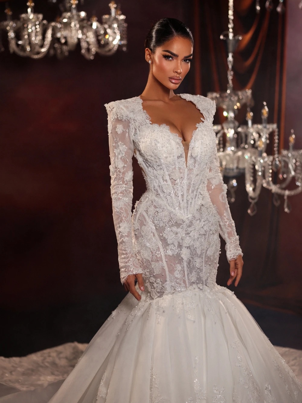 Modern Lace Pearls Wedding Dresses Appliques Bridal Gowns See Through Long Sleeves See Through Mermaid Customized Vestidos De Novia Plus Size