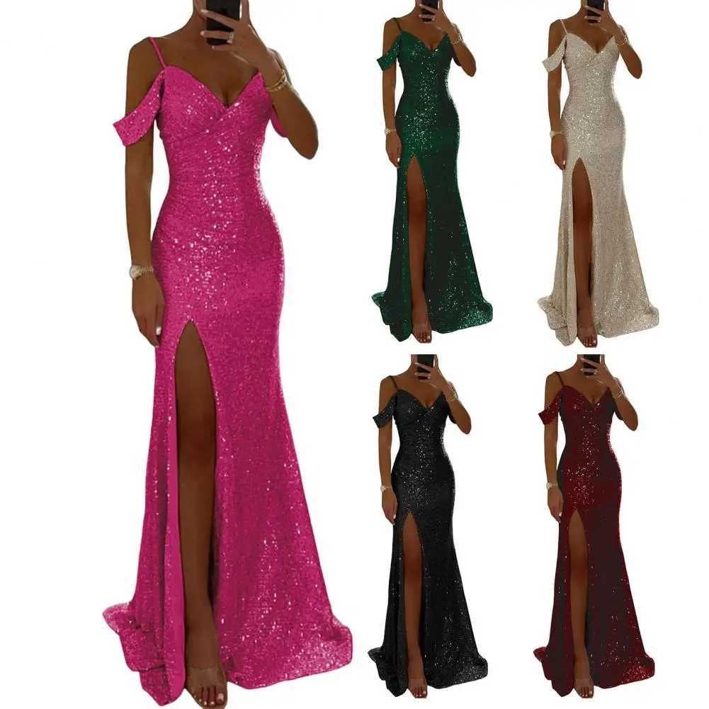 Women Sequin Suspender Dress Long Dress EleGant Sequin Gown for Prom Wedding Parties Off Shoulder V Neck Maxi for Banquets Z250728