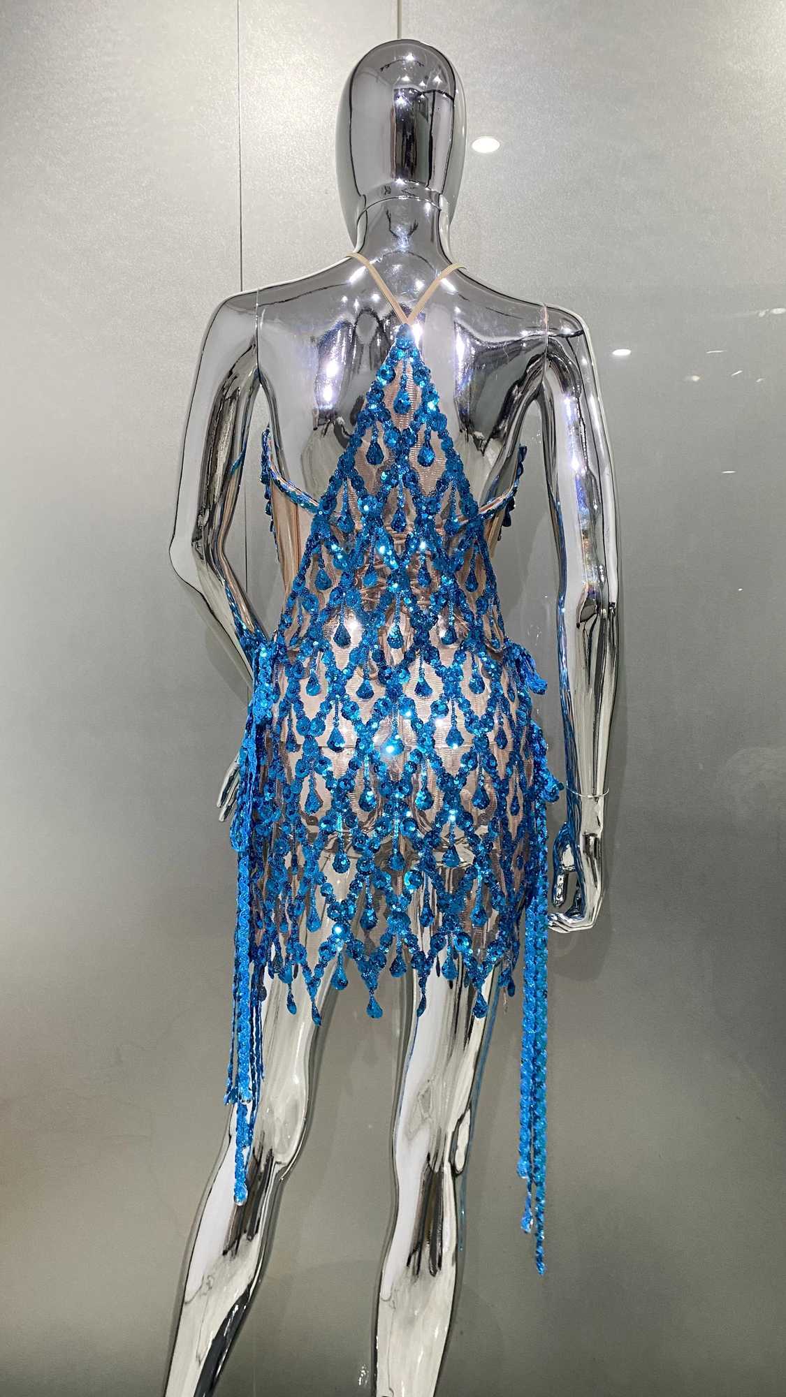 Blue Sequins Shining Long Tassel SLeeveless Mini Dress 2 Pieces BirTHday Party Outfit Performances CoStume Z250728