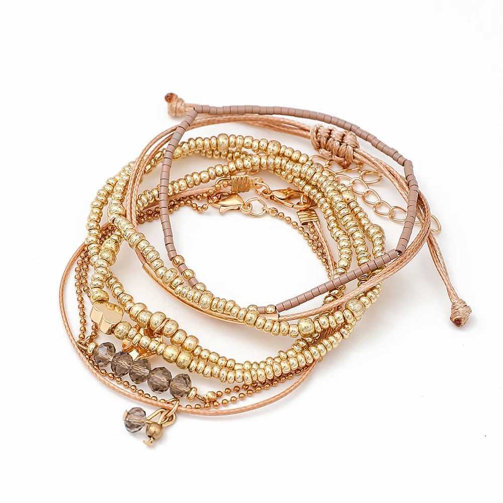 7Pcs/Set Bohemian Style Heart Beads Round Pendant Adjustable String Beads Bracelet CCB Elastic Bracelet Set For Women W250728