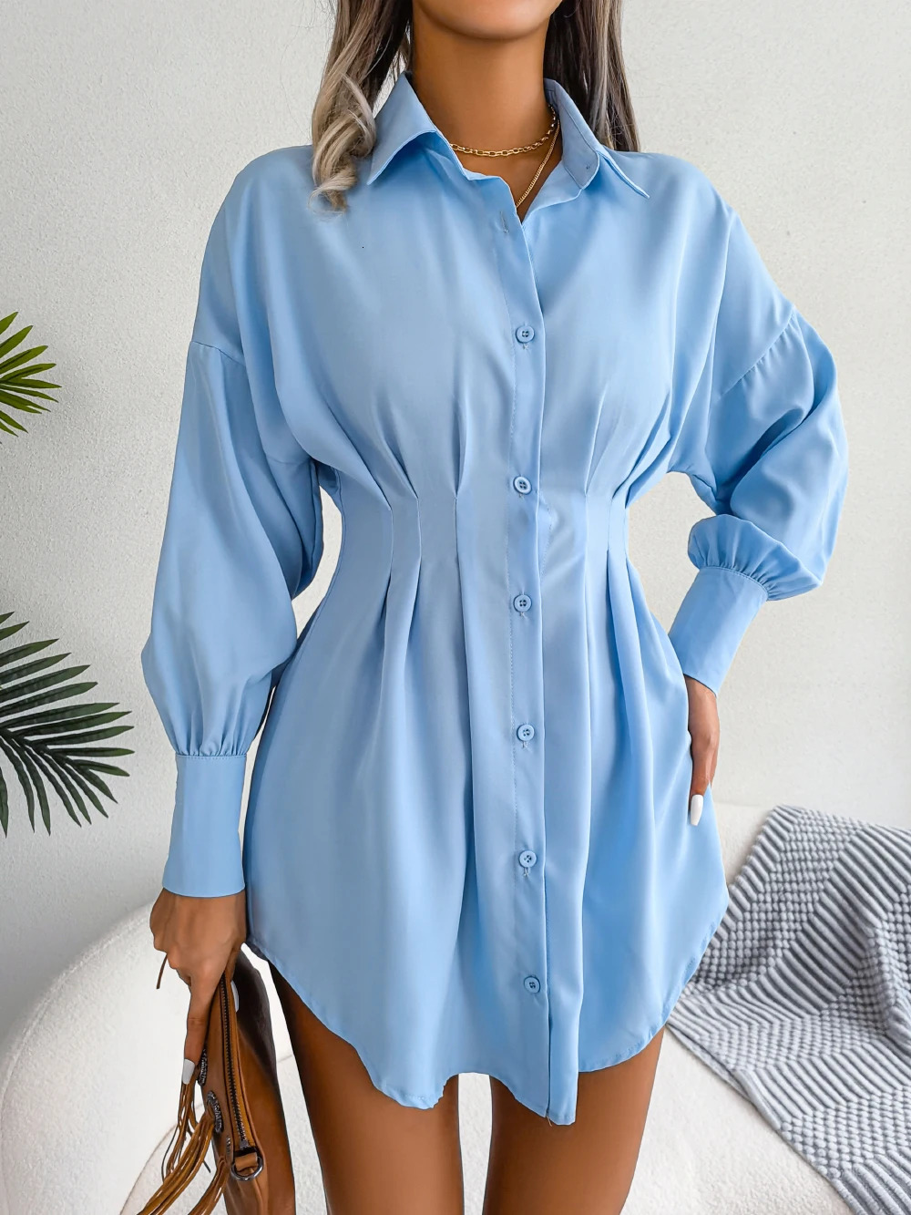 Women Casual Buttons Long Sleeve Shirt Dress Autumn Clothing White Blue Army Green 250728