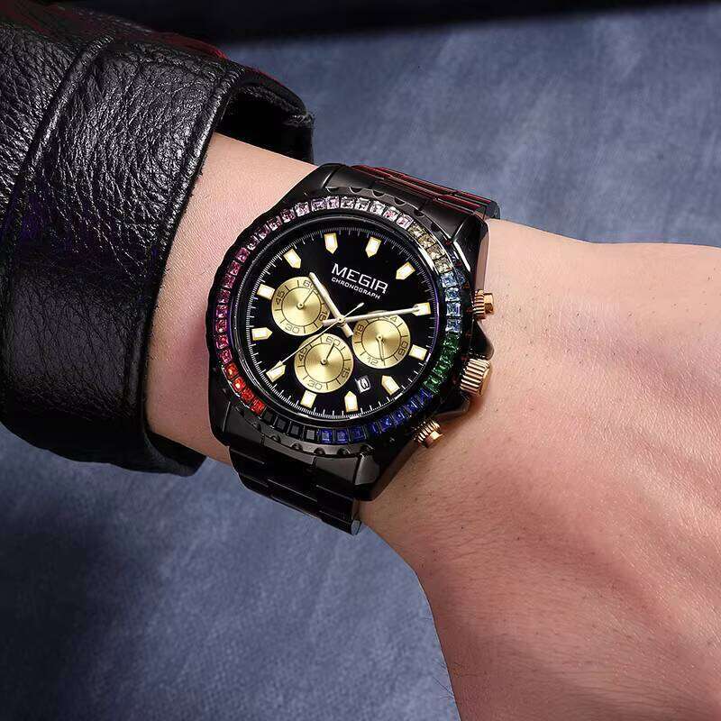 DHwatches MEGIR 2227G Men's Diamond Rainbow Bezel Watch - Waterproof, Luminous, Date, Stainless Steel, 46mm Fashion Quartz Watch