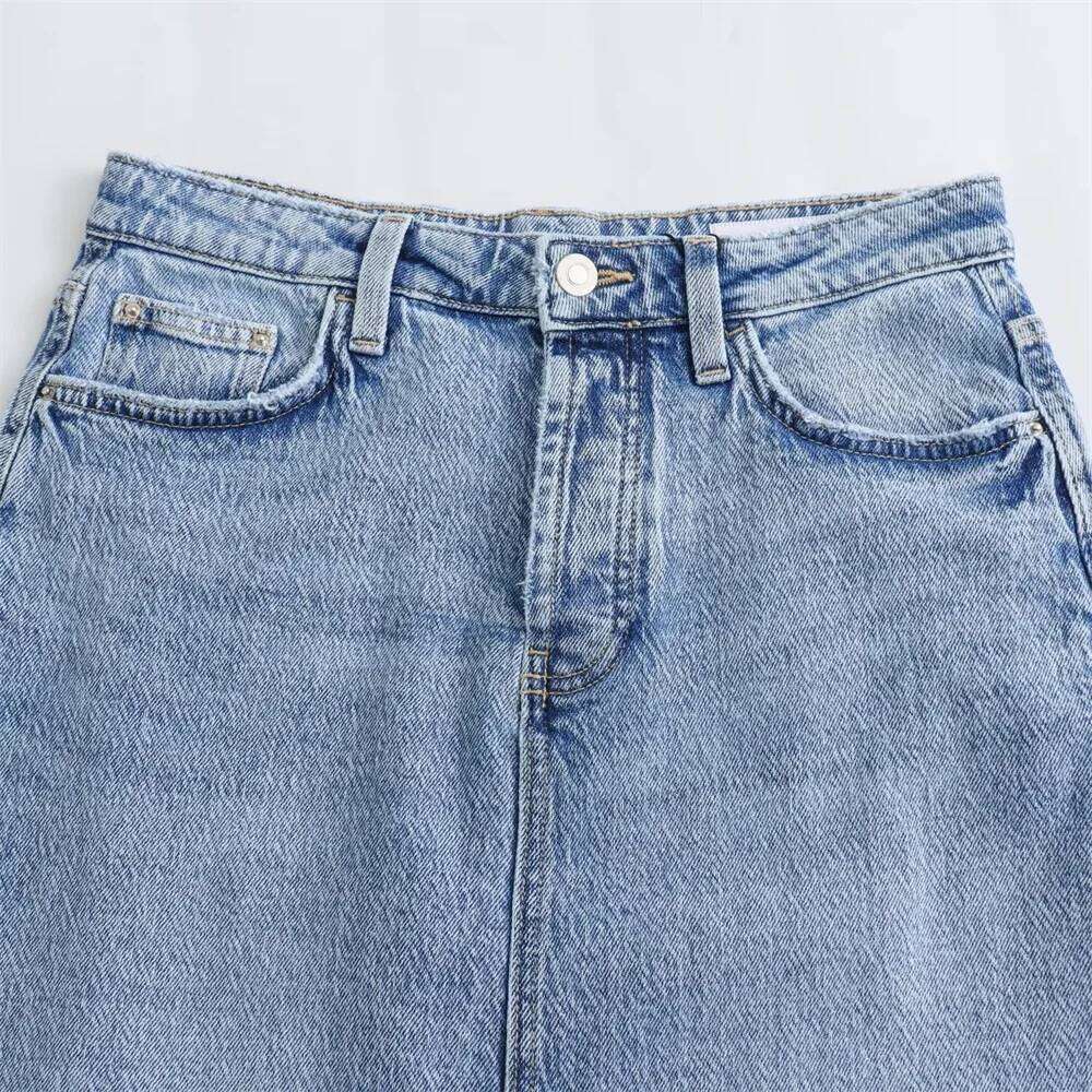 Zach Ailsa Spring New Product Women's Fashion Style High Waist Midi Wrap Hip Slim Fit Blue Split Denim Skirt