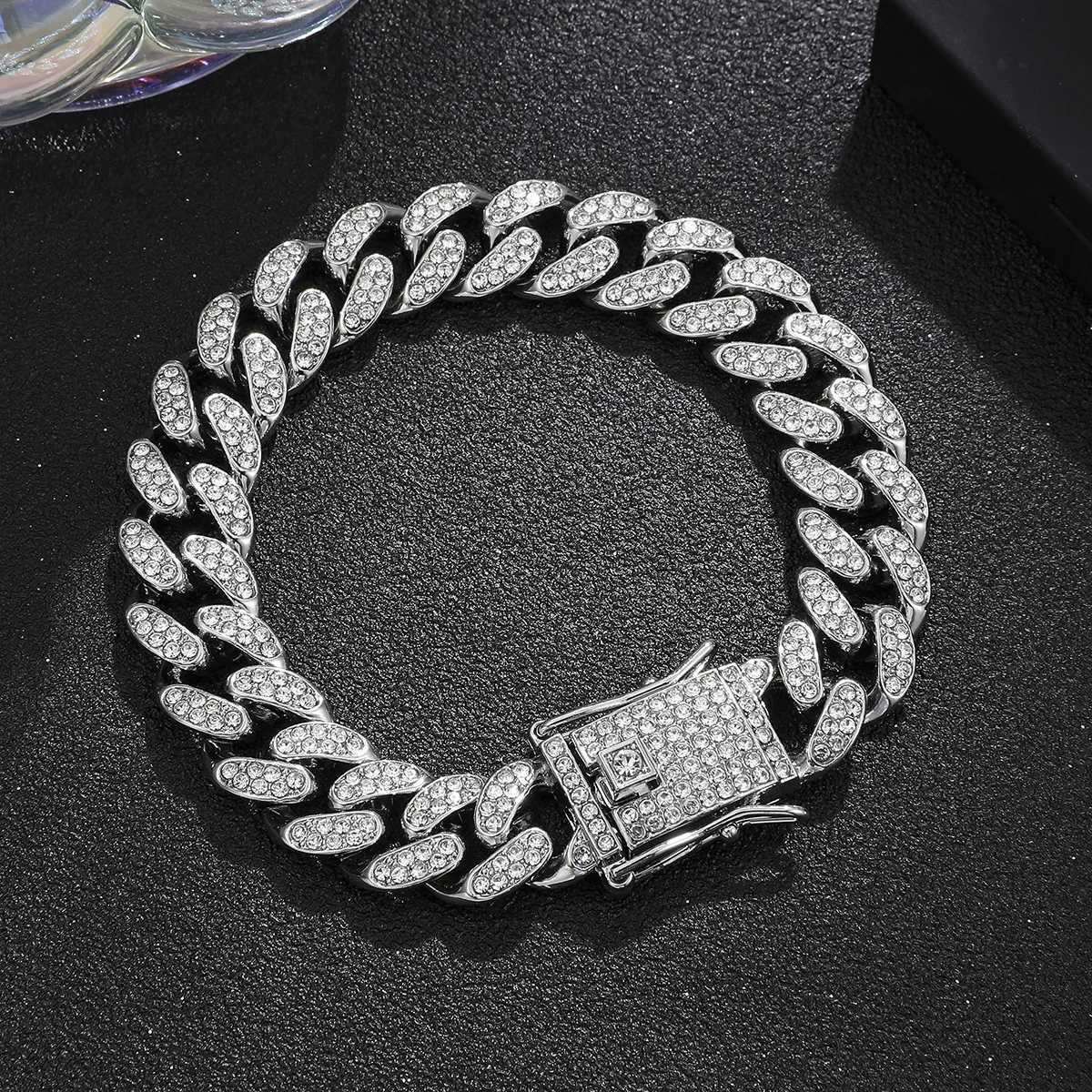 Full Crystal Stone Cuban Chain Hip Hop Bracelet For Men Silver Color Metal Link Chain Rhinestone Closure Bracelet W250728