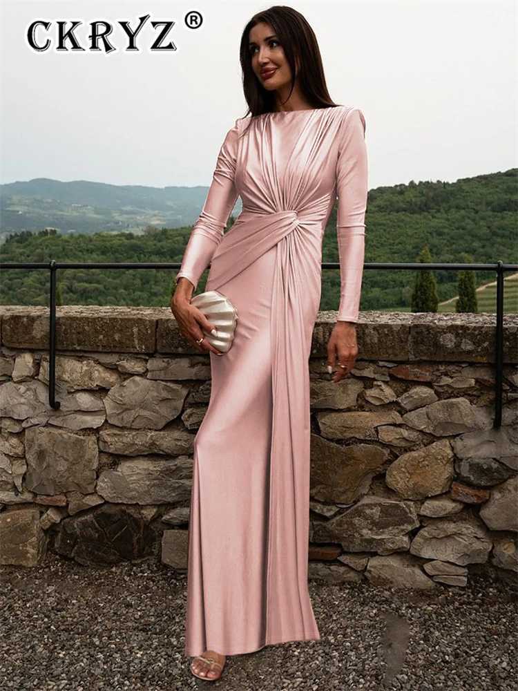 Ladies Elegant Evening Party Dress Women Long Sleeve O-Neck Ruched Fashion Long Dresses Women Night Club Streetwear Fall Outfit Z250728
