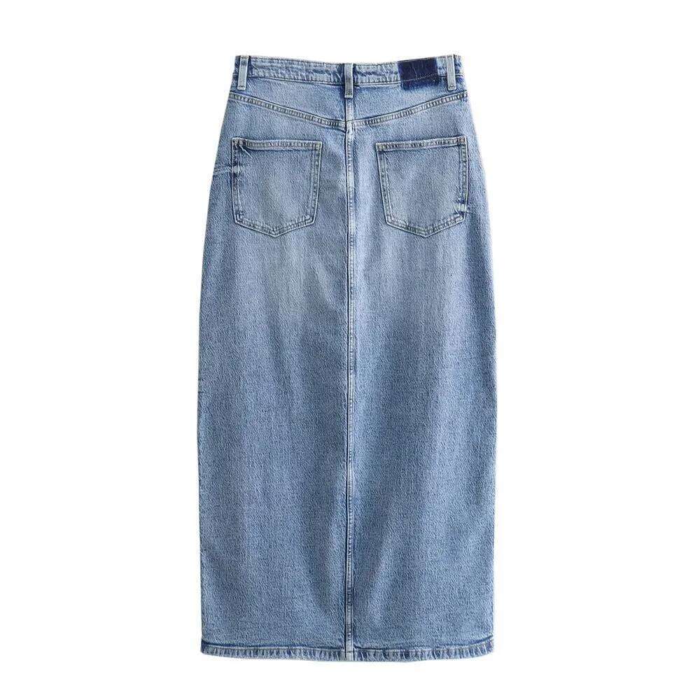 Zach Ailsa Spring New Product Women's Fashion Style High Waist Midi Wrap Hip Slim Fit Blue Split Denim Skirt