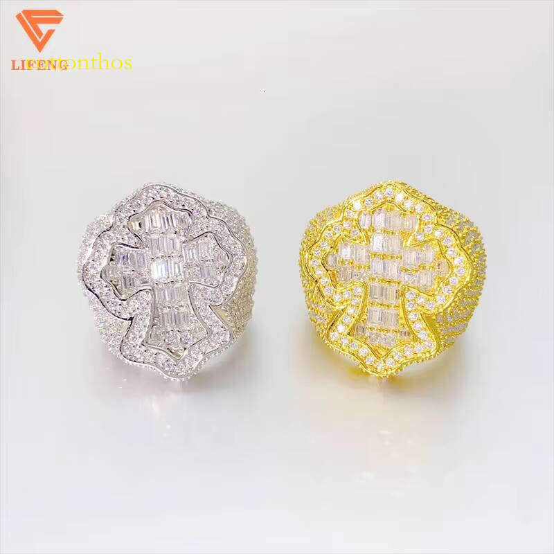 New Trendy Men's Sterling Sier Gold-Plated Baguette Cut Cross Ring VVS Moissanite Dia Custom Hip Hop