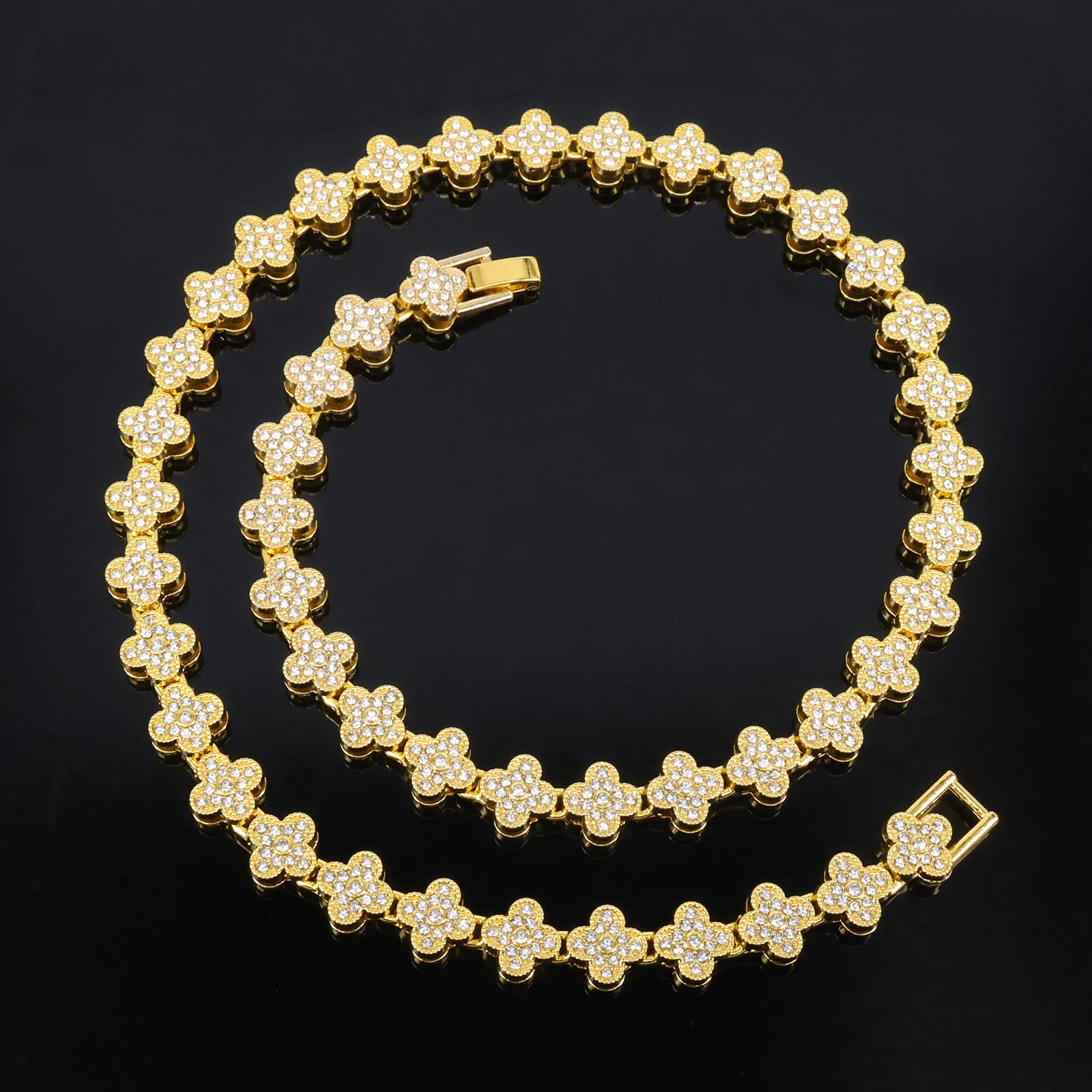 ZAKOL 20/50CM Hip Hop Four-leaf Flower Tennis Chain Bracelet Necklace for Women Men Iced Out Buling Rhinestone Rock Punk Jewelry 250722