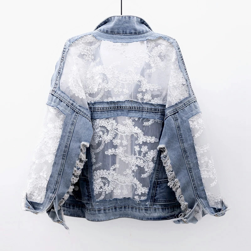 Autumn Streetwear Fashion Embroidery Lace Patchwork Sexy Denim Jacket Womens Wear Tassel Loose Denim Jacket 250728