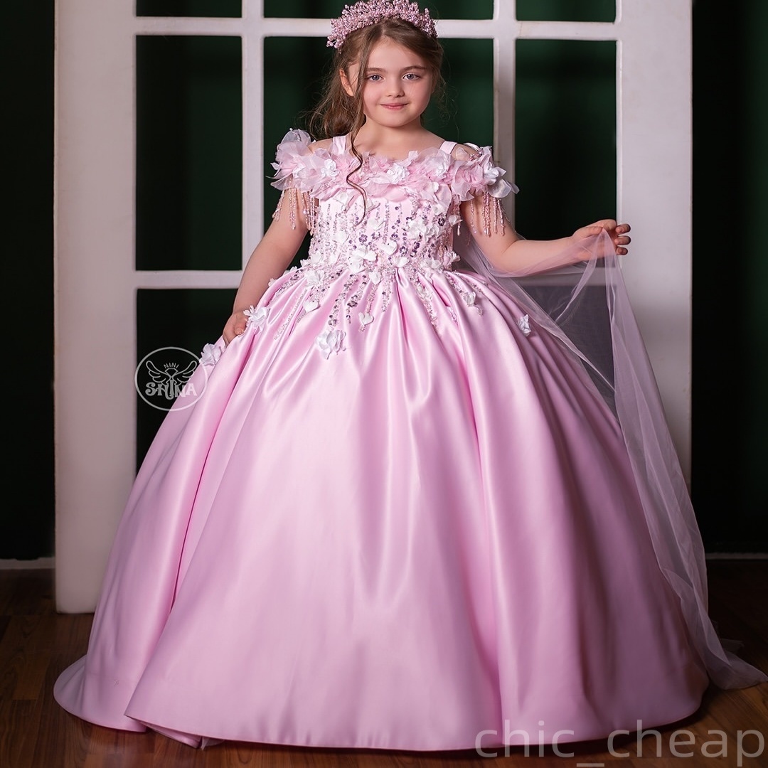 2025 Pink Spaghetti Flower Girl Dresses Ball Gown Flowers Beaded Crystals Satin Little Girl Christmas Peageant Birthday Christening Tutu Dress Gowns Z