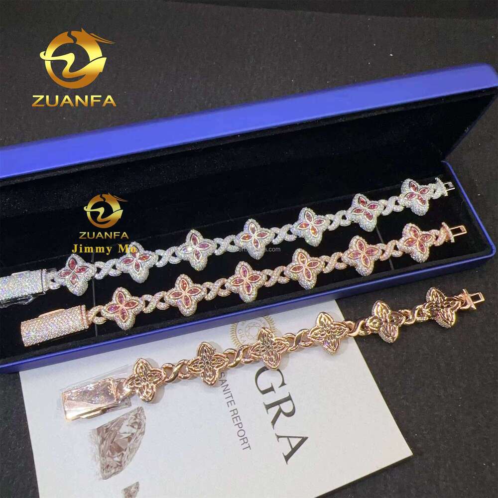 18mm Fashion Sier Marquise Flower Design Hip Hop Jewelry Iced Out Moissanite Dia Infinity Cleef Clover Cuban Bracelet