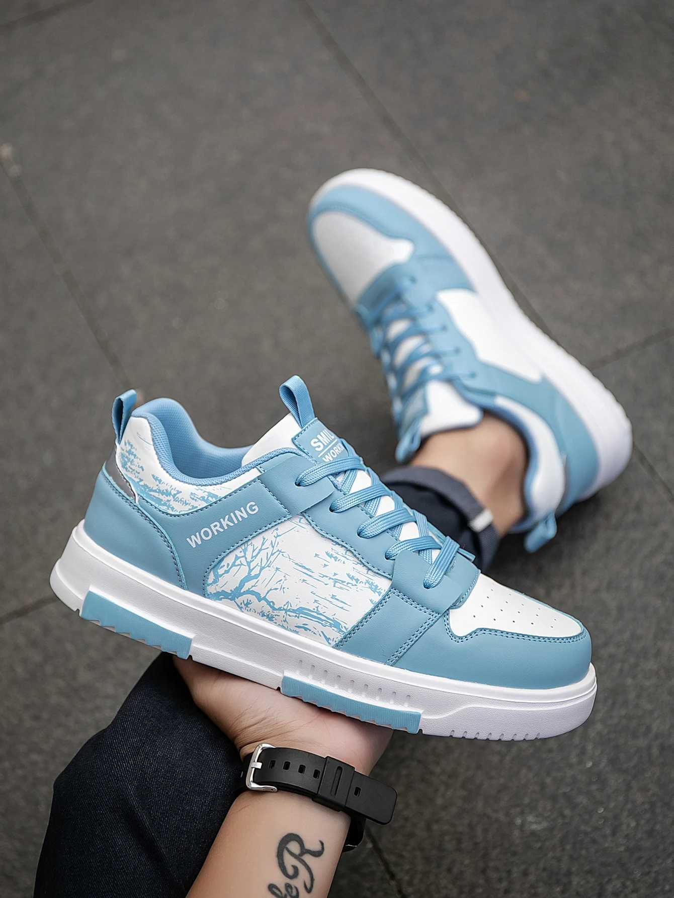 Mens For Pattern Fionable Stylish Sky Blue Contrasting Color Comfortable Skateboard Shoes Niche Design Preppy Style Front Strap Versatile Love Shoes Y