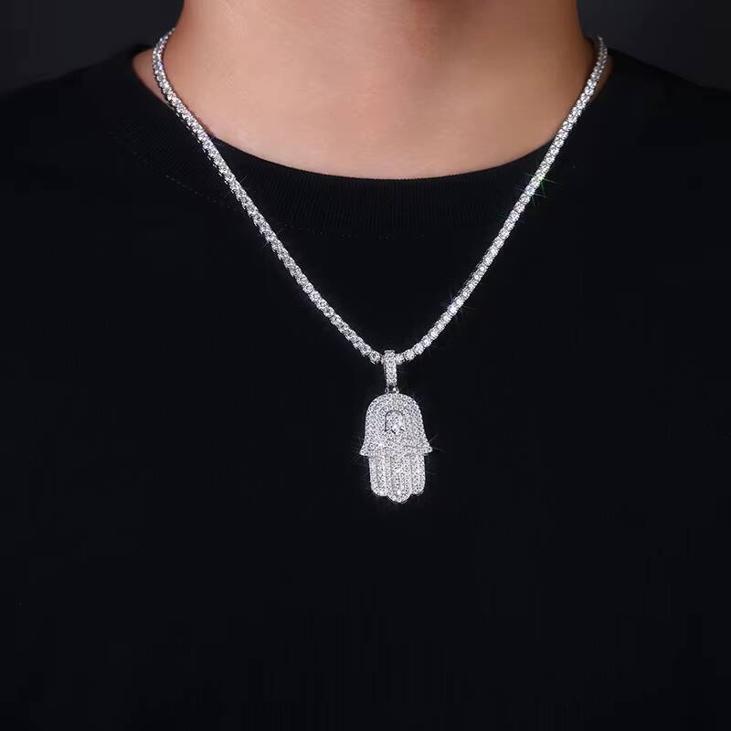 Iced Out Pendant Necklace Hamsa Hand Design in 18K Gold Plated S925 Silver with Moissanite for Hip Hop Rappers Bling Jewelry