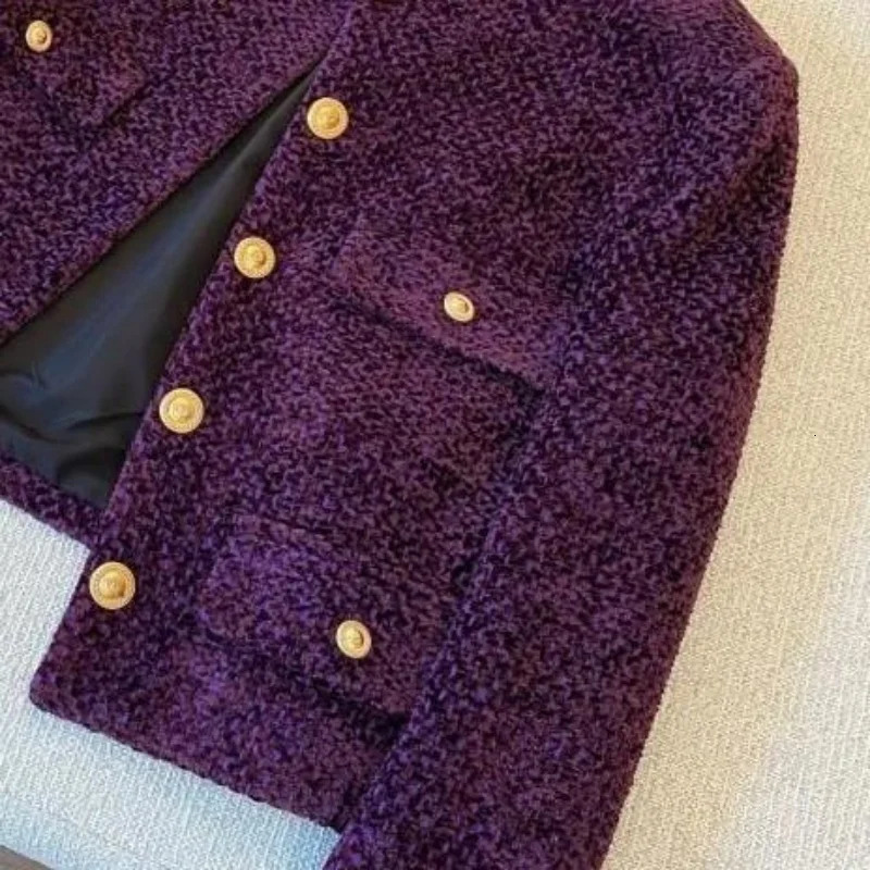 Limiguyue French Woolen Tweed Coat Small Fragrant Oneck Short Jacket Women Highend Metal Button Purple Tops Autumn Winter 012A w250728