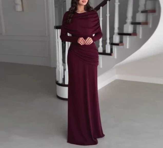 Womens Dresses Spring New Round Neck Long Sleeves Elegant Temperament Ruched Waist Cinching Skinny Evening long Dress Z250728