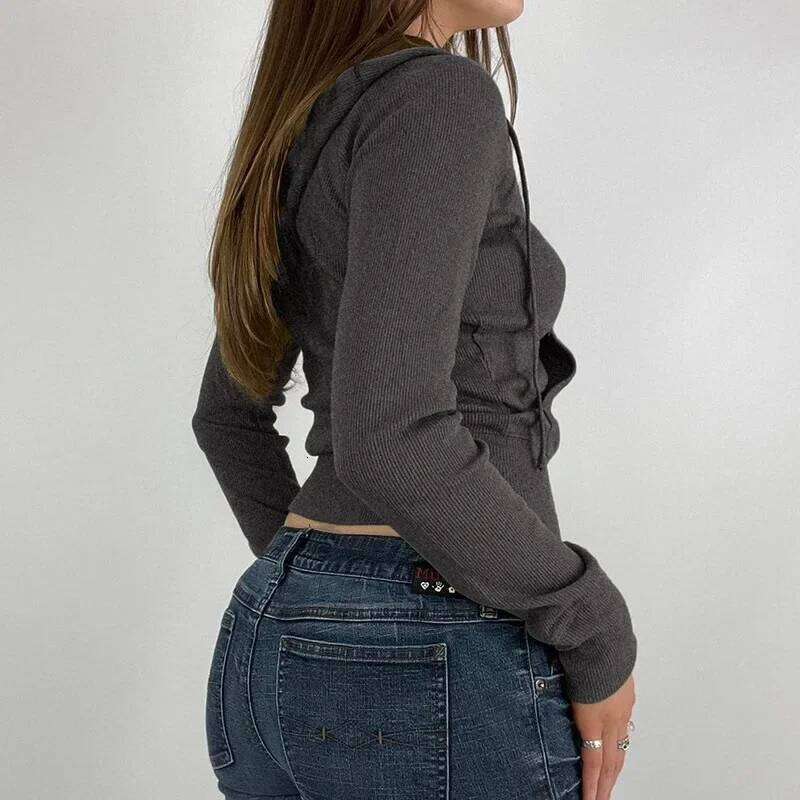 Grunge 2000s Ribbed Hoodies Zip Up Hooded Sweatshirt for Autumn Casual Full Sleeve Coats Women y2k Vintage Outfits