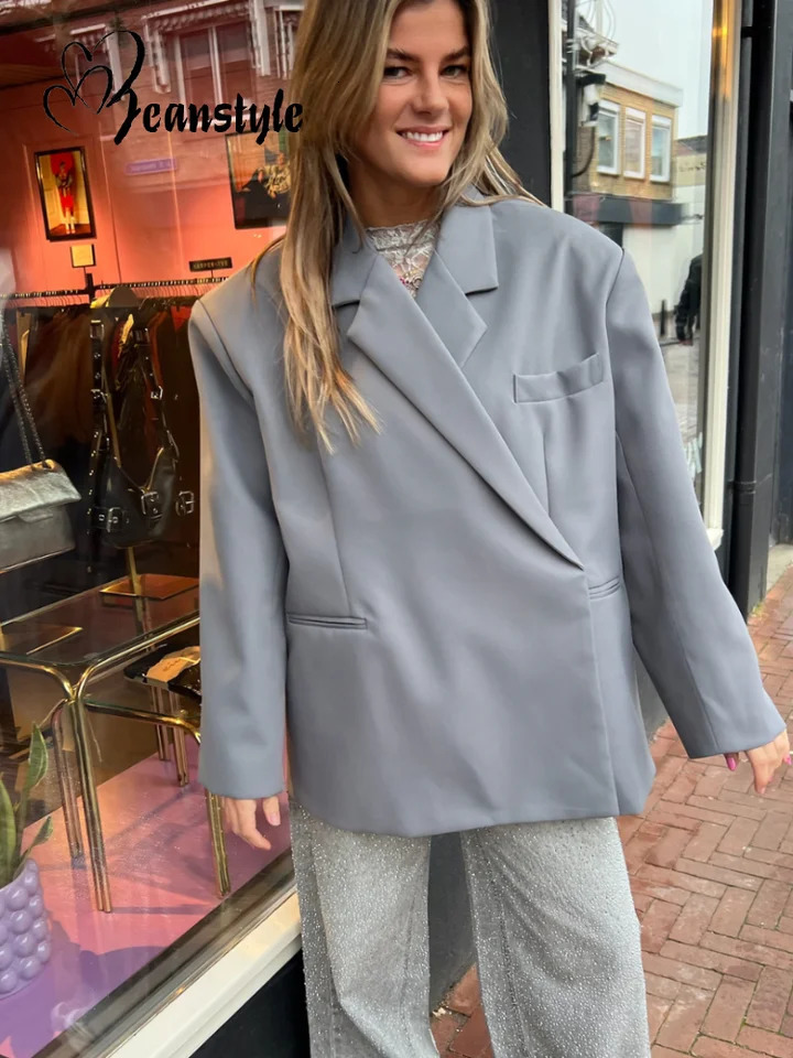 High Street Solid Blazers Women Loose Single Breasted Side Split Lapel Full Sleeve Coats Female Summer Fall Lady Outerwear 250728