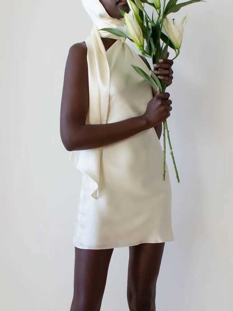 100% Cotton Patchwork Formal Dresses For Women Halter Collar Off Shoulder Sleeveless High Waist Backless Satin Mini Dress Female Style Z250728