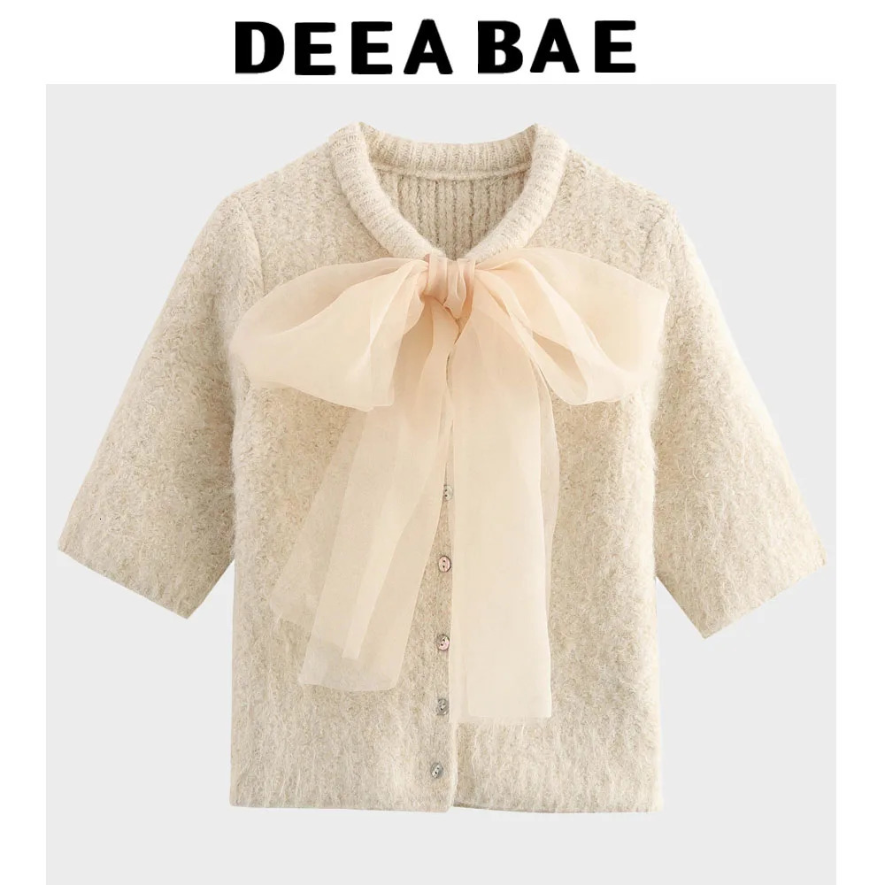 DEEBABEE Korean Style Womens Clothing Sweet Short Sleeved Knitwear Transparent Bow Decoration Sweater Cardigan For Women 250728