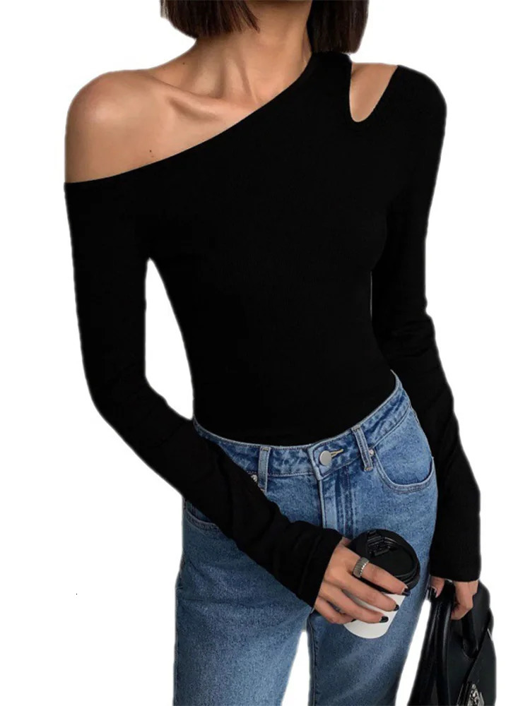 Fashion Skew Collar Offshoulder Longsleeved Tshirts Women Spring Solid Slim Fit Crop Top Sexy Hollow Out Tees Shirts 250728