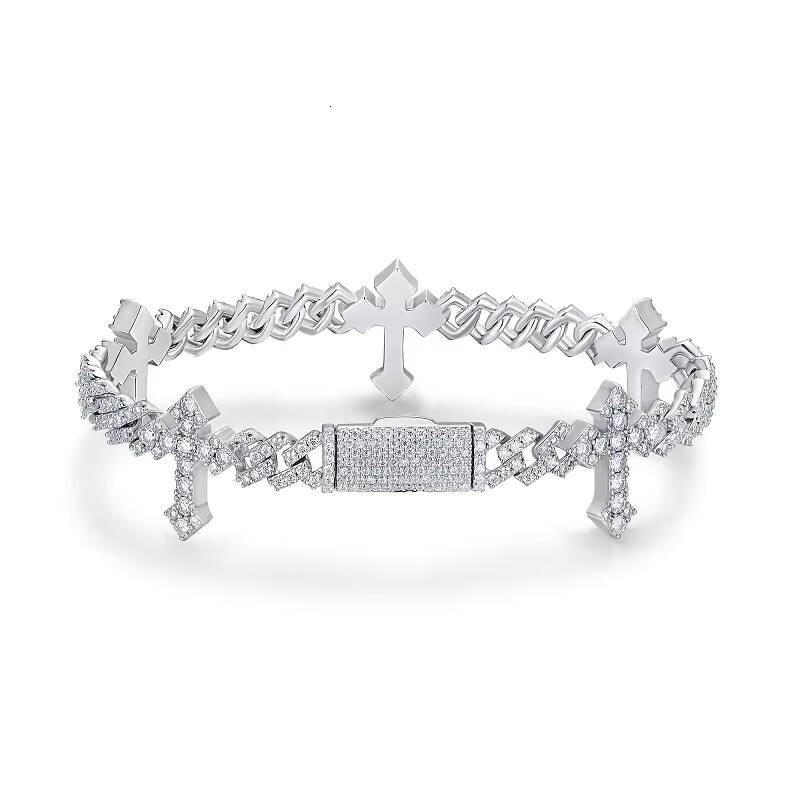 Custom Moissanite Cross Cuban Bracelet S925 Silver with 18K Gold Plating Certified Pass Diamond Tester Iced Out Hip Hop Jewelry