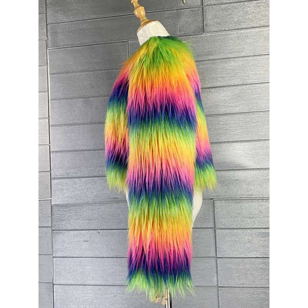 LANMREM Rainbow Colored Fur Coat For Women O-Neck Long Sleeves Personalized Coats 2025 Spring Winter New