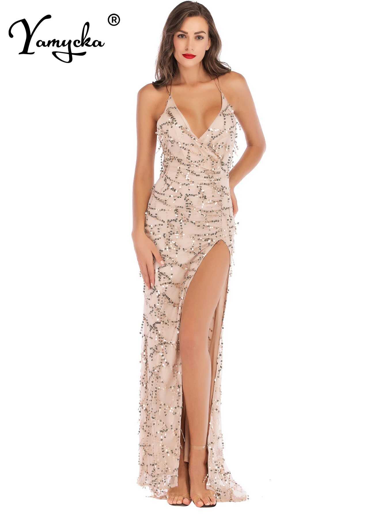 Sexy Black Gold Sequins Dress Women Bandage Long Dress Elegant V Neck Night Club Bodycon Party Sundress Maxi Dresses New Z250728