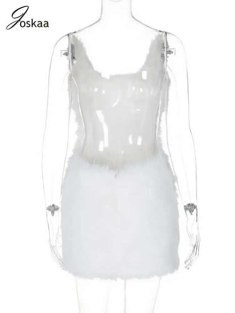 Joskaa Sexy Furry Mini White Dress Women Hipster Spaghetti Strap Low Cut Backless Body-Shaping Dresses for Birthday Party Clubwear Z250728